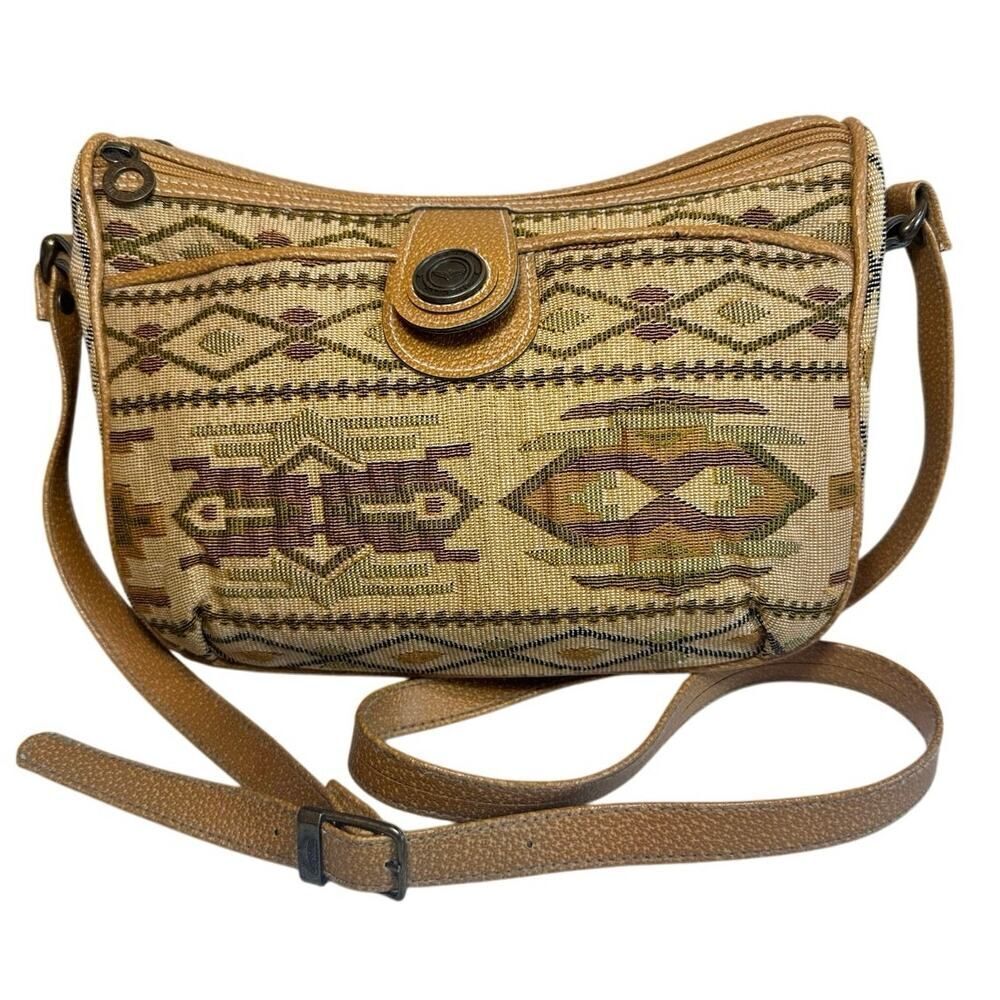 Vintage 90s Tan Aztec Southwestern Tribal Tapestry Purse Crossbody Bag